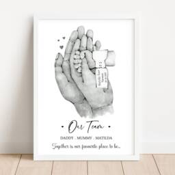 Personalised Family Team Print - New Baby Birth Tag Gift Hands One Child Only Unframed Girl Boy Home - thumbnail 2