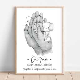 Personalised Family Team Print - New Baby Birth Tag Gift Hands One Child Only Unframed Girl Boy Home - thumbnail 1