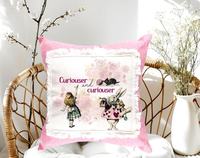 Alice in Wonderland Pink Linen Cushion, Hatter Theme Bedroom Pillow 40x40cm Style - image 1