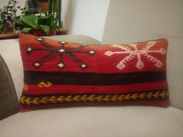 Kilim Lumbar Pillow 10x20 Inches Embroidered Design Kilim Pillow Handmade Wool - image 1
