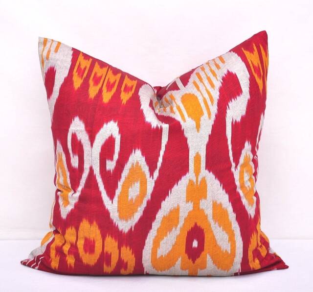Red Ikat Pillow Cover, Silk Cotton Cushion, Handmade Home Decor - 20x20 - image 1