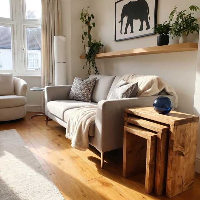 Set Of 3 Solid Wood Rustic Nest Of Tables With Timber Legs - Space Saving Side Table End Handmade Coffee Scaffold Board - image 1