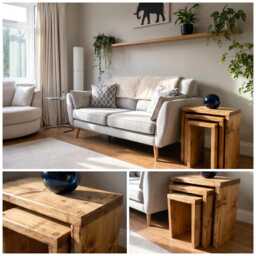 Set Of 3 Solid Wood Rustic Nest Of Tables With Timber Legs - Space Saving Side Table End Handmade Coffee Scaffold Board - thumbnail 3