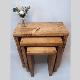 Set Of 3 Solid Wood Rustic Nest Of Tables With Timber Legs - Space Saving Side Table End Handmade Coffee Scaffold Board - thumbnail 2