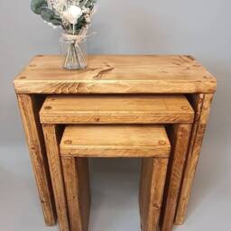 Set Of 3 Solid Wood Rustic Nest Of Tables With Timber Legs - Space Saving Side Table End Handmade Coffee Scaffold Board - thumbnail 2
