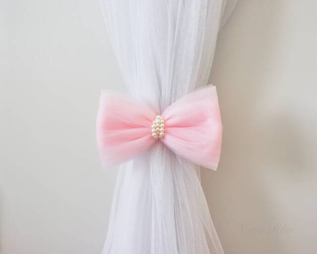 Bow Curtain Tieback For Nursery & Baby Room - Handmade Drapery Girl Decor Wall Accent Window Accessory - image 1