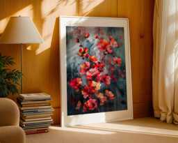 Red Poppies Art Print On Navy Blue With Paint Drips Floral Wall Decor Poppy Flower Poster Botanical Design Abstract Acrylic Painting - thumbnail 1