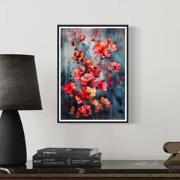 Red Poppies Art Print On Navy Blue With Paint Drips Floral Wall Decor Poppy Flower Poster Botanical Design Abstract Acrylic Painting - thumbnail 3