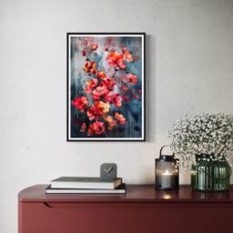 Red Poppies Art Print On Navy Blue With Paint Drips Floral Wall Decor Poppy Flower Poster Botanical Design Abstract Acrylic Painting - thumbnail 2