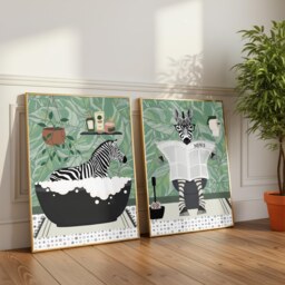 Zebra Bathroom Prints, Bath & Toilet Art, Set Of Two Green Prints - thumbnail 2