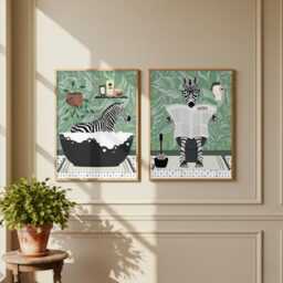 Zebra Bathroom Prints, Bath & Toilet Art, Set Of Two Green Prints - thumbnail 3