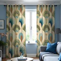 Retro Arch Curtains, Mid Century Modern Teal Beige Drapes, Classic Geometric Pattern Window Panels, Bold Living Room Home Decor - thumbnail 3