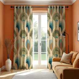 Retro Arch Curtains, Mid Century Modern Teal Beige Drapes, Classic Geometric Pattern Window Panels, Bold Living Room Home Decor - thumbnail 2