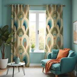 Retro Arch Curtains, Mid Century Modern Teal Beige Drapes, Classic Geometric Pattern Window Panels, Bold Living Room Home Decor - thumbnail 1