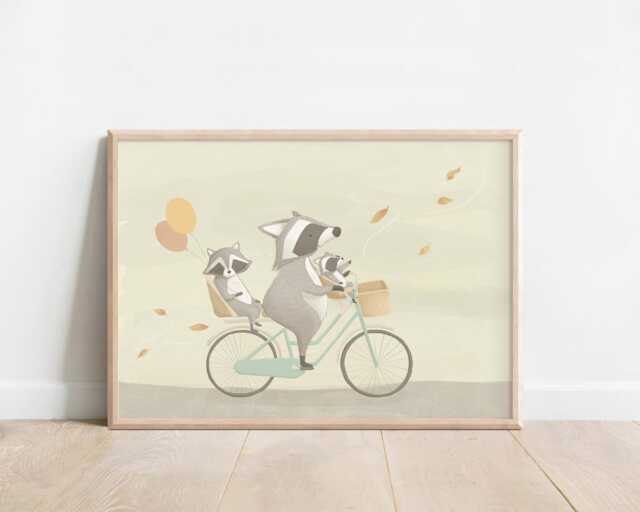 Whimsical Raccoon Family Art Print, Autumn Nursery Decor - image 1