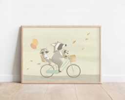 Whimsical Raccoon Family Art Print, Autumn Nursery Decor - thumbnail 1
