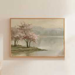 Pink Blossom Poster, River Landscape Print, Nature Wall Art, Paper - thumbnail 1
