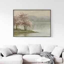 Pink Blossom Poster, River Landscape Print, Nature Wall Art, Paper - thumbnail 2