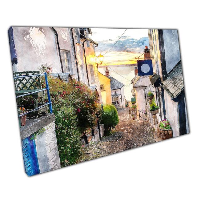 Clovelly Devon Coast Watercolour Canvas Print - Small Cobbled Hill Street Art For Home Office Decor - image 1