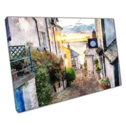 Clovelly Devon Coast Watercolour Canvas Print - Small Cobbled Hill Street Art For Home Office Decor - thumbnail 1