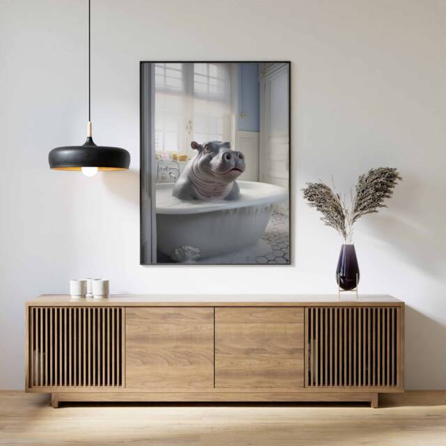 Hippo in Tub Wall Art, Bathroom Art Print, Funny Bathing, Animal Bathtub - image 1
