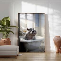 Hippo in Tub Wall Art, Bathroom Art Print, Funny Bathing, Animal Bathtub - thumbnail 2