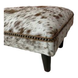 Cow Hide Footstool Brown & Cream Leather Trim, Solid Wood Legs - thumbnail 2