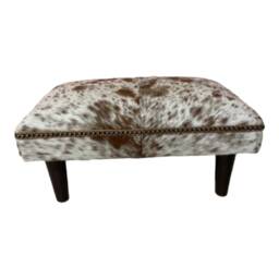 Cow Hide Footstool Brown & Cream Leather Trim, Solid Wood Legs