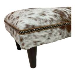 Cow Hide Footstool Brown & Cream Leather Trim, Solid Wood Legs - thumbnail 3
