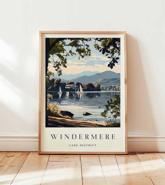 Windermere Lake District Print Cumbria Travel Poster, UK Wall Art - image 1