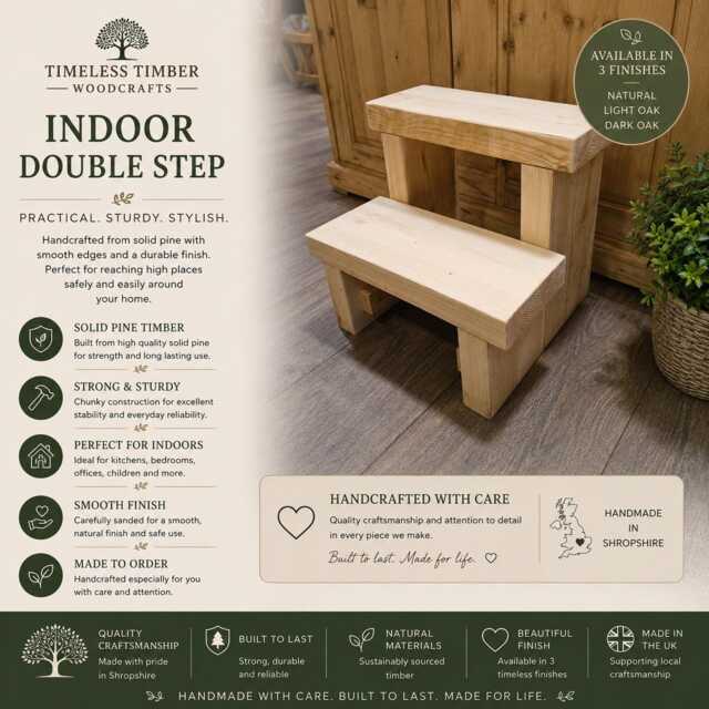 Indoor Double Step Stool - Solid Wooden Kitchen Bed Handmade UK - image 1