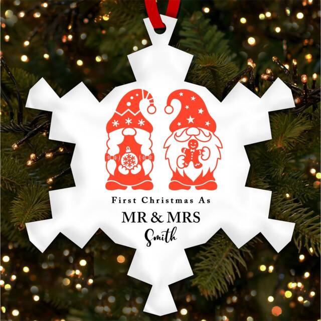 First As Mr & Mrs Gnomes Personalised Christmas Tree Ornament Decoration