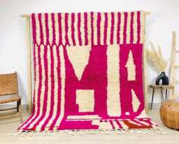 Hot Pink & Cream Striped Moroccan Rug, Abstract Geometric Berber Carpet, Large Handmade Wool Shag Modern Dopamine Decor - thumbnail 1