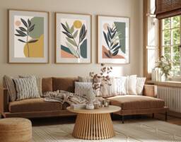 Boho Abstract Wall Art Prints, Decor, Set Of 3 Scandi Art, Mid Century, Black, Beige, Green, Terracotta - thumbnail 1