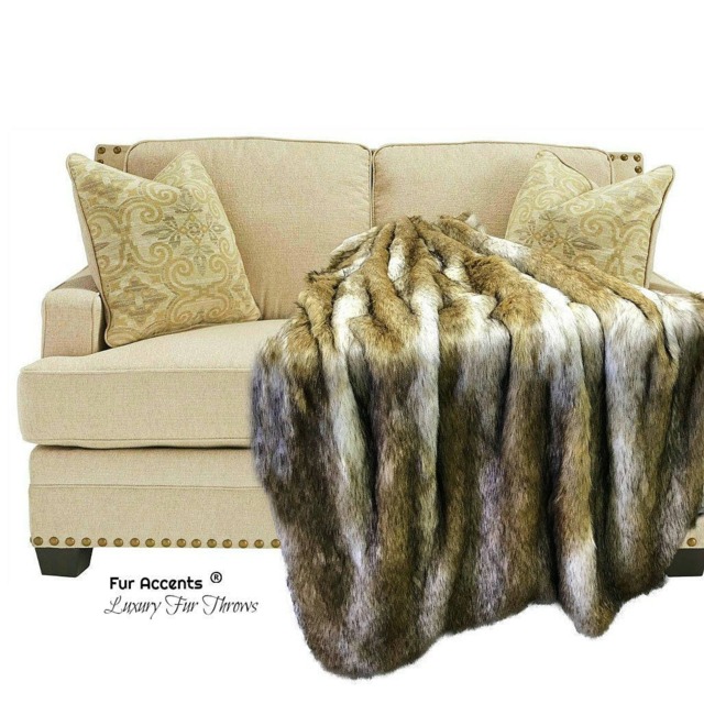 Coyote Stripe Faux Fur Throw Blanket - Plush Wolf Fur, Minky Lining - image 1