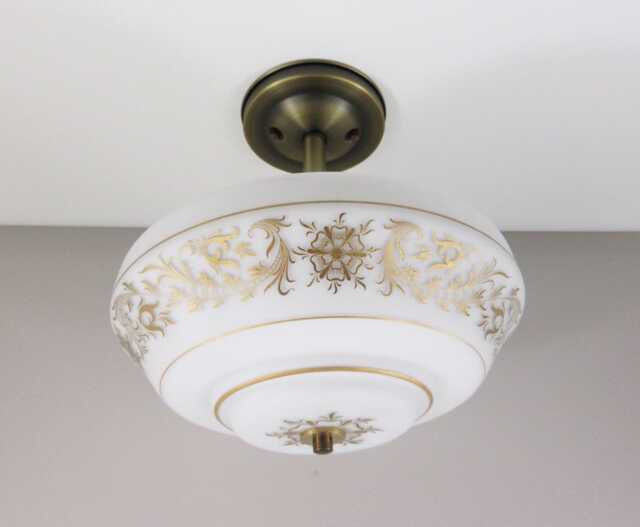 Semi Flush Mount Ceiling Light - 1970's White Shade With Elegant Gold Design Paired Custom Antique Brass Fixture Three Bulb - image 1