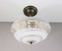 Semi Flush Mount Ceiling Light - 1970's White Shade With Elegant Gold Design Paired Custom Antique Brass Fixture Three Bulb
