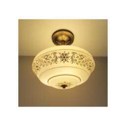Semi Flush Mount Ceiling Light - 1970's White Shade With Elegant Gold Design Paired Custom Antique Brass Fixture Three Bulb - thumbnail 2