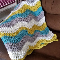 Crochet Throw Blanket, Decorative Throw, Lapghan, Chunky Soft Baby Blue White Yellow Mustard Lap - thumbnail 3