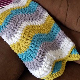 Crochet Throw Blanket, Decorative Throw, Lapghan, Chunky Soft Baby Blue White Yellow Mustard Lap - thumbnail 4