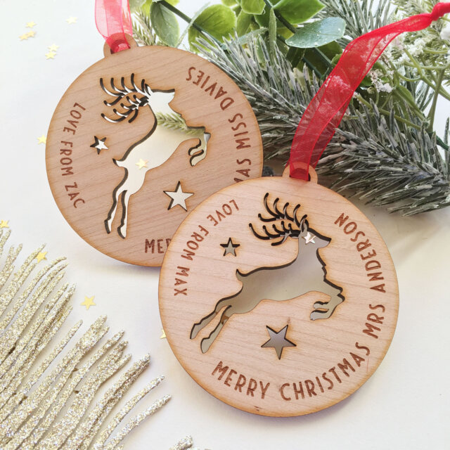 Personalised Teacher Christmas Bauble Rudolph Wooden Ornament - image 1