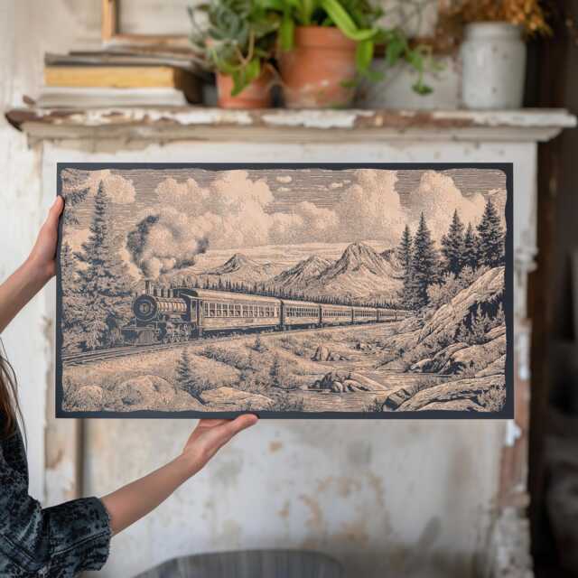 Yukon Railroad Wall Art - Nature Inspired Engraved Wooden Lithograph Illustration, Large Art, Framed Alaskan Landscape Painting - image 1
