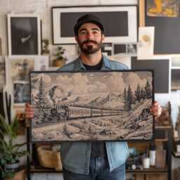 Yukon Railroad Wall Art - Nature Inspired Engraved Wooden Lithograph Illustration, Large Art, Framed Alaskan Landscape Painting - thumbnail 2