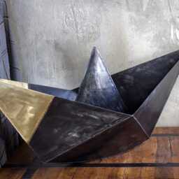 Big Sculpture Origami Metal Boat, Industrial Design, Black & Gold, By The Steel Style Things - thumbnail 3