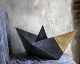 Big Sculpture Origami Metal Boat, Industrial Design, Black & Gold, By The Steel Style Things