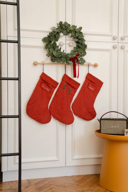 Hand Embroidered Linen Christmas Stocking Personalized - image 1