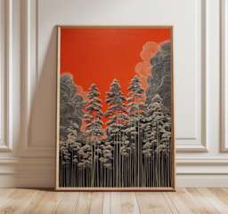 Pine Forest Poster, Modern Abstract Landscape Art Print in Line Illustration Style - thumbnail 1