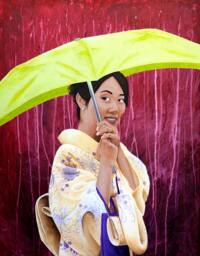 "Beautiful Japanese Woman Original Artwork Print, The Green Umbrella, 8.5"" X 11" - thumbnail 1