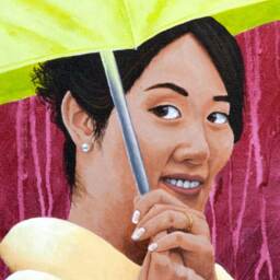 "Beautiful Japanese Woman Original Artwork Print, The Green Umbrella, 8.5"" X 11" - thumbnail 2