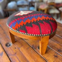Vintage Kilim Ottoman Stool, Handmade Beech Wood Foot Rest - thumbnail 2